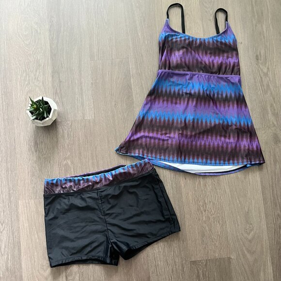 Purple & Black Tankini with Boy Shorts Swimsuit - Picture 1 of 15